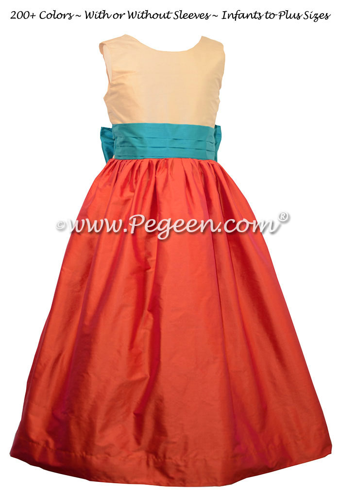 Flower Girl Dresses in bisque, fire (mango, orange) and oceanic (turquoise) silk custom style 398