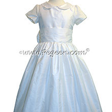 Antique White silk First Communion style dresses trimmed with pearls and rhinestones