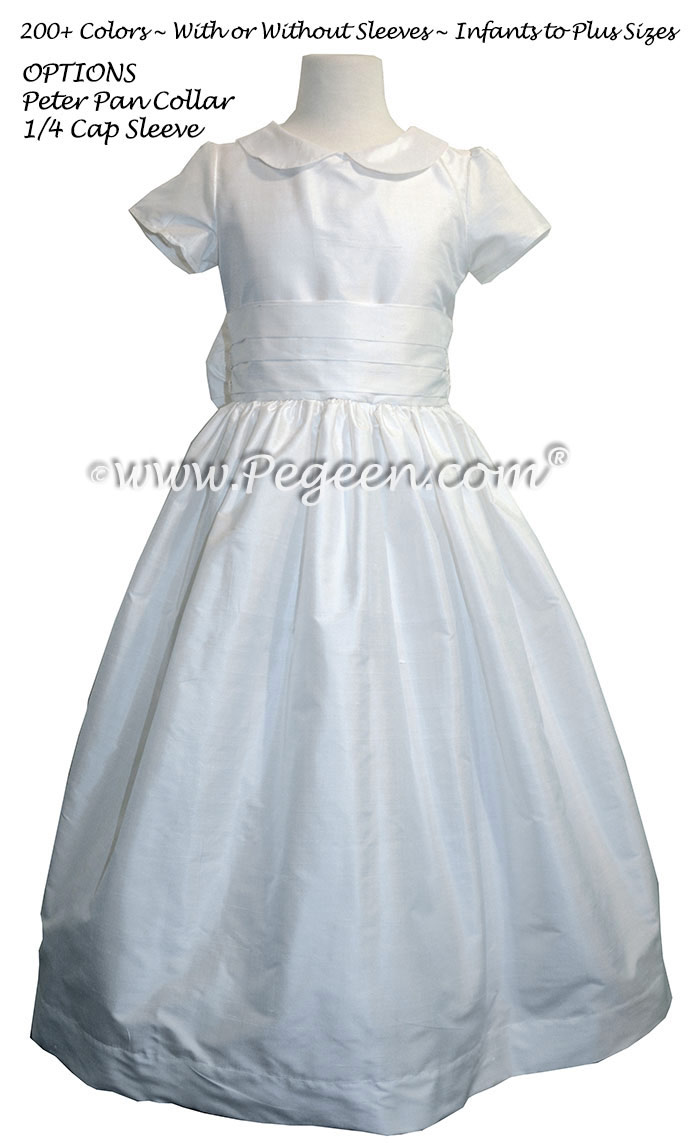 Antique White silk First Communion style dresses trimmed with pearls and rhinestones