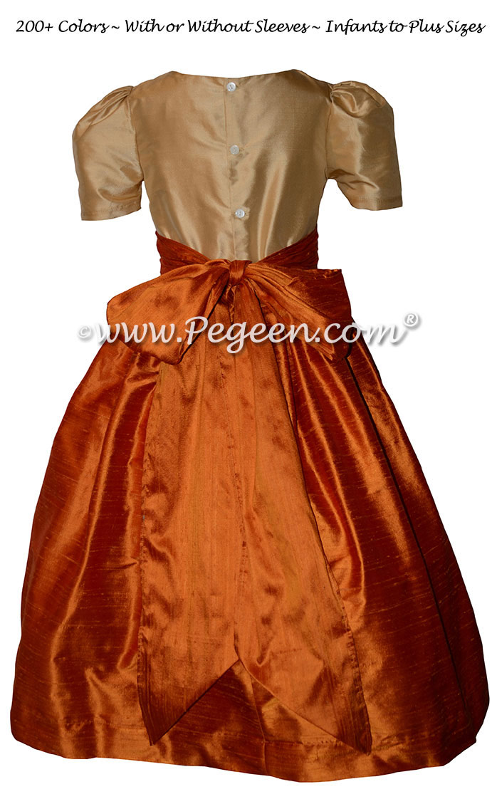 Pumpkin Orange and Bisque Silk Custom Flower Girl Dresses