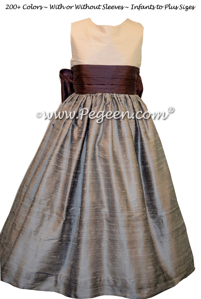 Flower girl dresses Style 398 Silver gray and iris silk | Pegeen