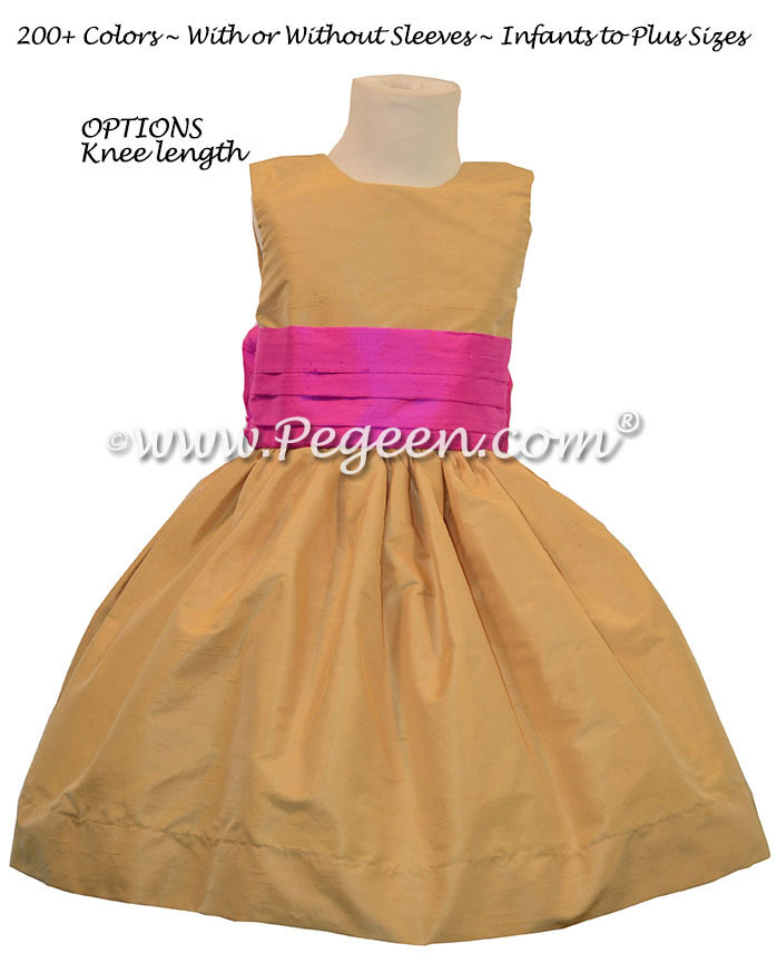 Flower Girl Dress in striking colors of Spun Gold and Cerise Pink | Pegeen