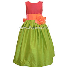 Mango and Lipstick Pink and Grass Green silk flower girl dresses Style 398 by Pegeen