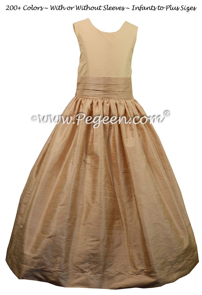 Custom Silk Flower Girl Dress Style 398 in Toffee and Bisque  | Pegeen