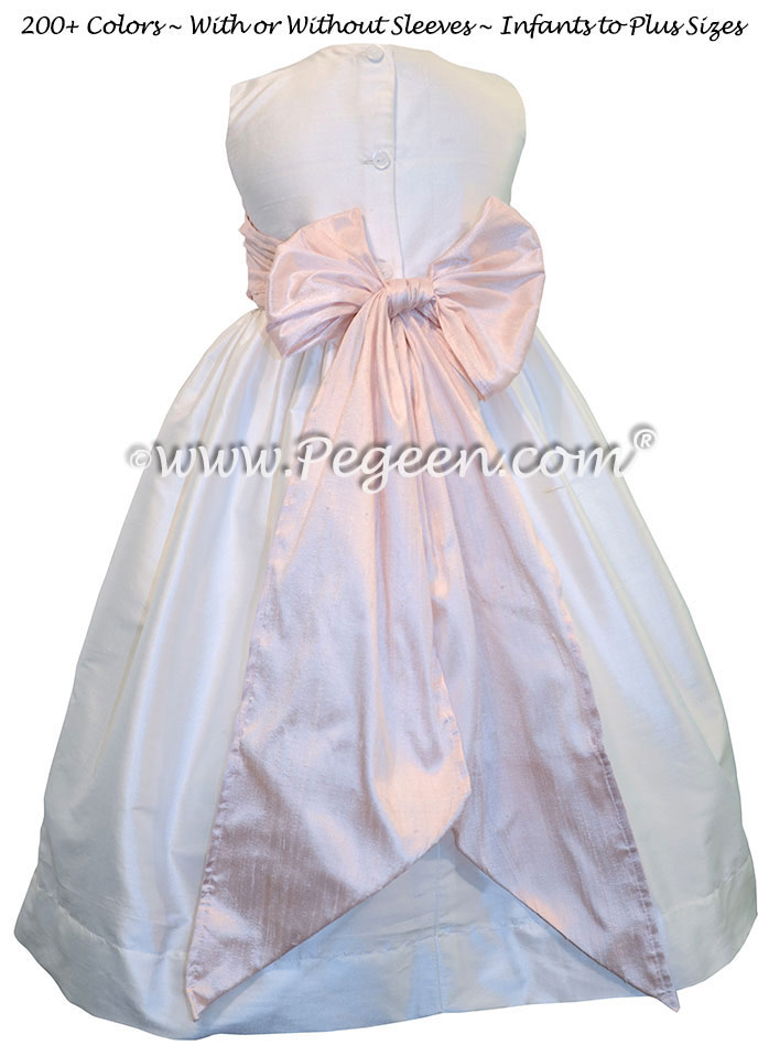 Ballet Pink and White custom silk flower girl dresses with silk bow