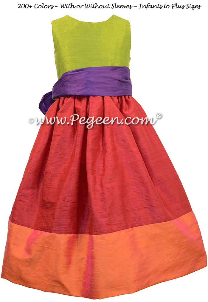 Mango, Lipstick Pink, Grass Green and Royal Purple flower girl dresses in silk style 401