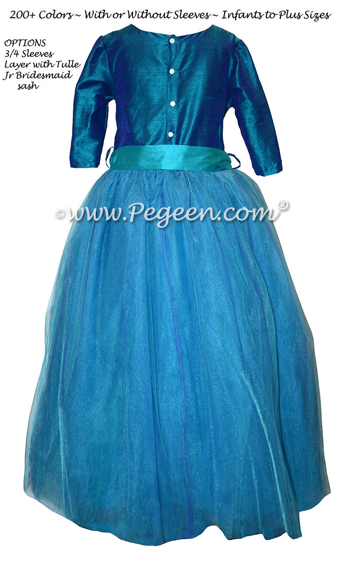 Peacock and Turquoise Tulle Flower Girl Dress with 3/4 sleeves