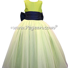 Grass Green and Navy Blue Silk and Tulle Flower Girl Dresses