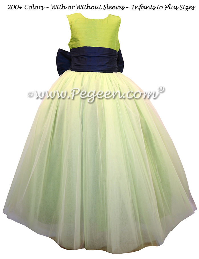 Grass Green and Navy Blue Silk and Tulle Flower Girl Dresses