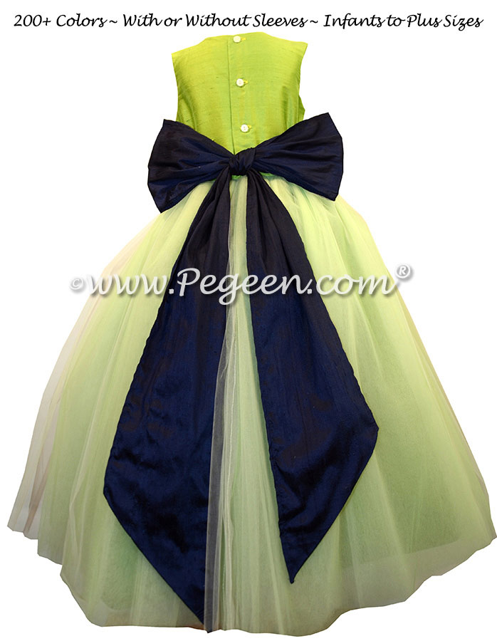 Grass Green and Navy Blue Silk and Tulle Flower Girl Dresses