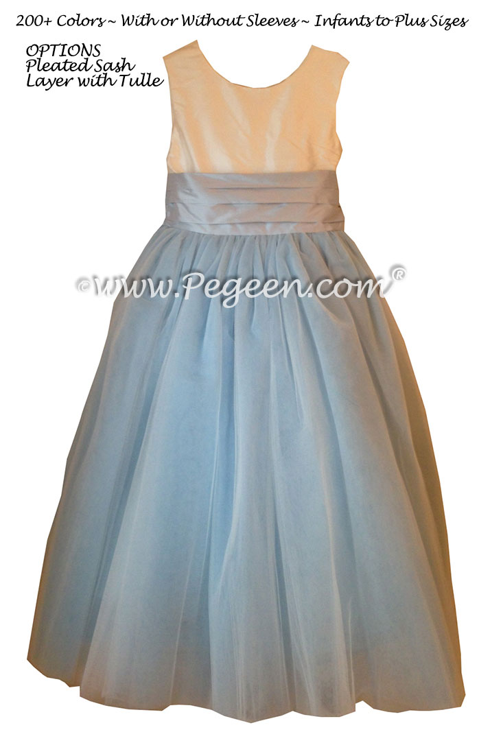 Flower Girl Dress Style 402 - Bisque and Baby Blue Silk and Tulle Flower Girl Dresses