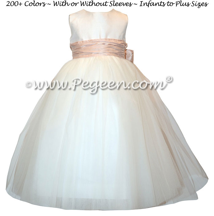 Couture Style Antique White and Ballet Pink Silk Flower Girl Dresses