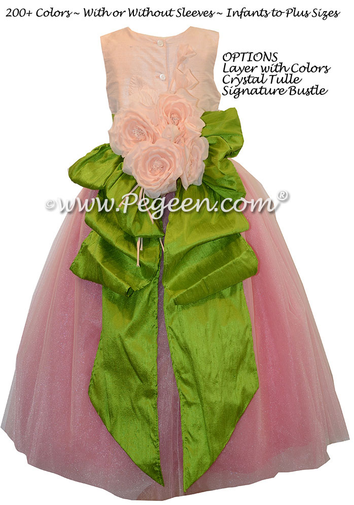 Gumdrop Pink and Green ballerina style Flower Girl Dresses with Crystal tulle