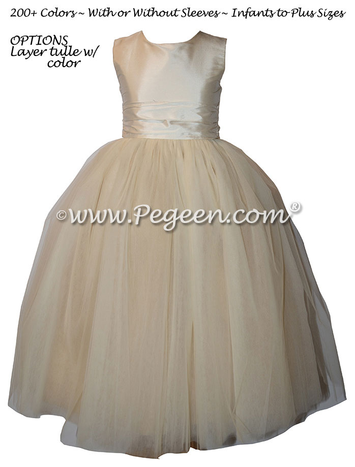 Bisque and New Ivory Silk and Tulle Flower Girl Dresses with Multi Color Tulle | Pegeen