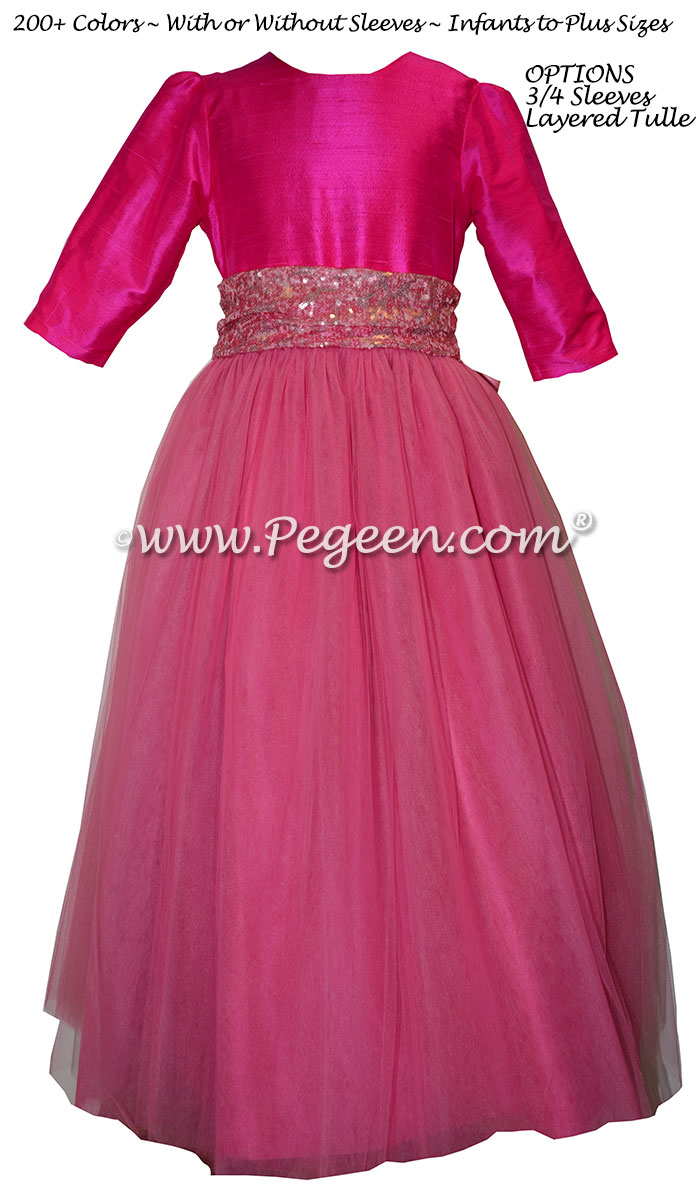 Boing Hot Pink and Bubblegum 3/4 Sleeves Tulle Flower Girl Dresses | Pegeen