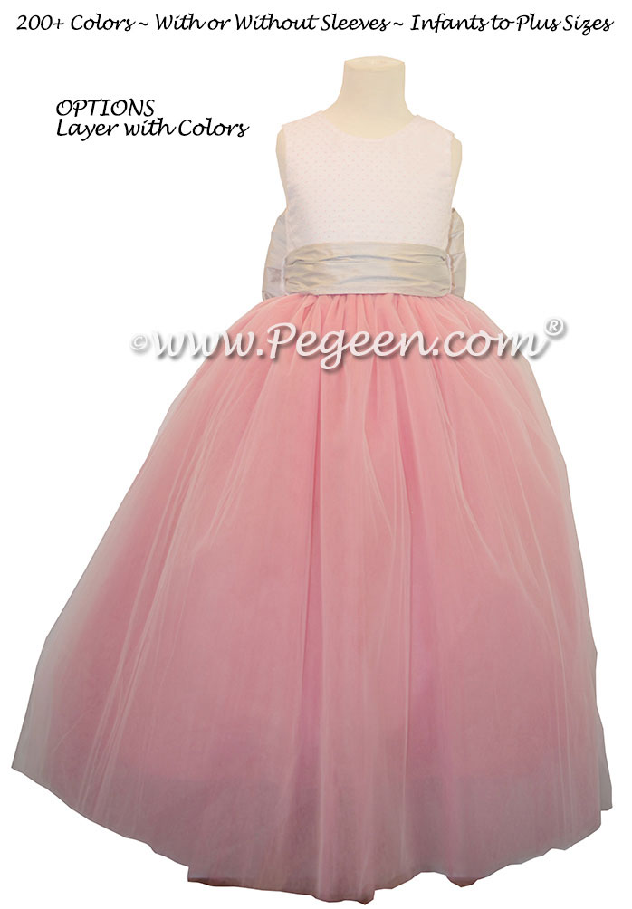 Ballerina style flower girl dresses with pink tulle and platinum silver sash – Pegeen Couture Style 402