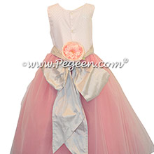 Coral and Platinum Gray Ballerina style flower girl dresses with pink tulle and platinum silver sash – Pegeen Couture Style 407