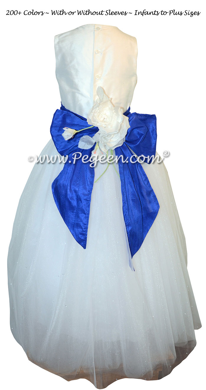 Flower Girl Dress in White and Sapphire with Swarovski Crystals and tulle | Pegeen