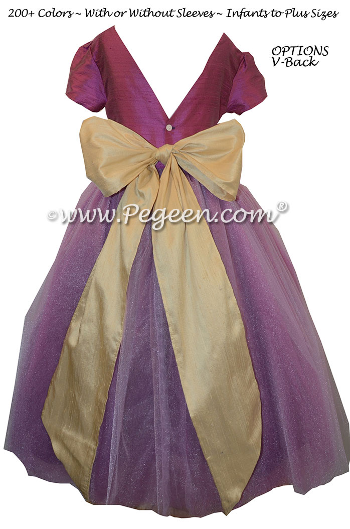 Flower Girl Dresses with layers of tulle in Thistle (plum) and Pure Gold | Pegeen
