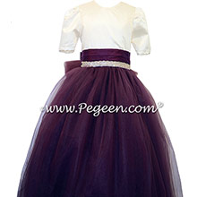 Eggplant and New Ivory silk flower girl dresses with rhinestones flower girl dress with layers of tulle