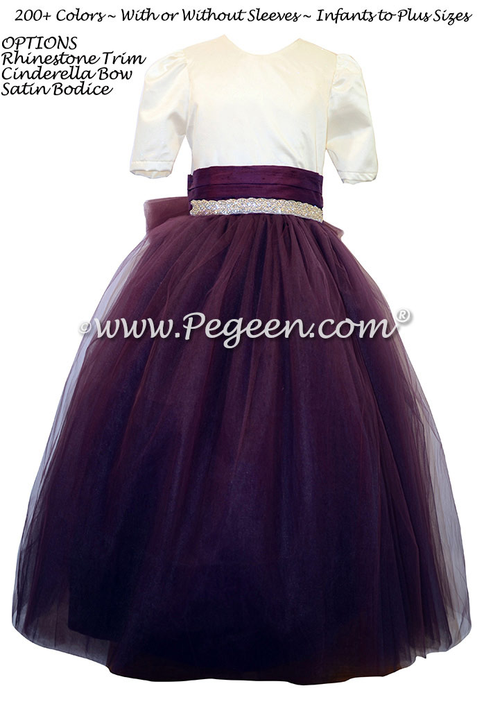 Flower girl dress in Eggplant and Ivory with rhinestones and tulle | Pegeen