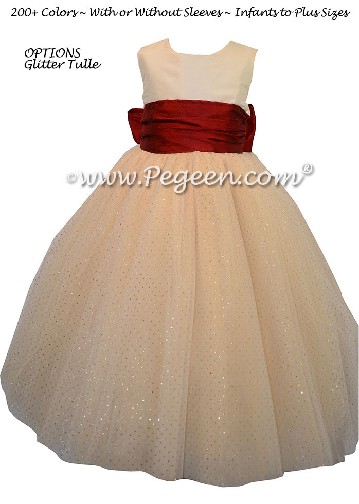 Spun Gold and Claret Red Glitter tulle ballerina style flower girl dresses