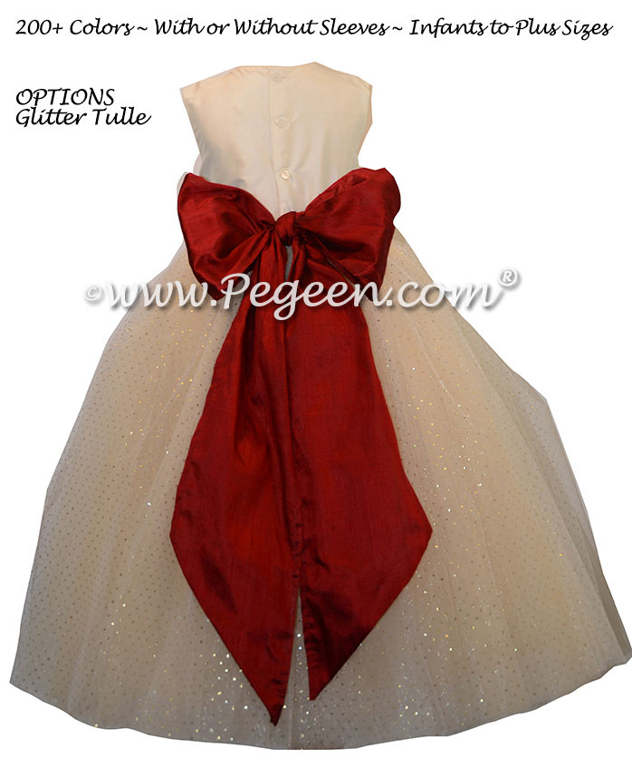Spun Gold and Claret Red Glitter tulle ballerina style flower girl dresses