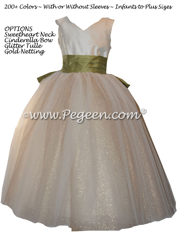 Sage Green and Metallic Gold Accented Skirt Silk custom Flower Girl Dresses Style 402