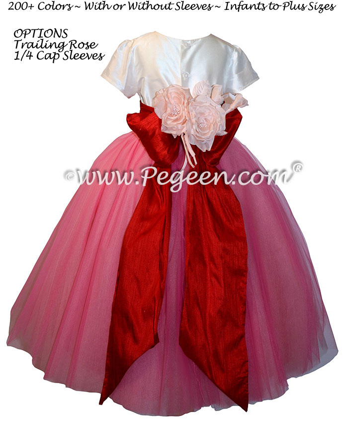 Gumdrop pink, red and ivory ballerina style flower girl dress with layers and layers of tulle
