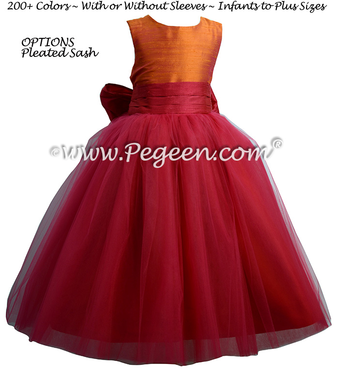 Cherry red and Mango  ballerina style FLOWER GIRL DRESSES with layers and layers of tulle