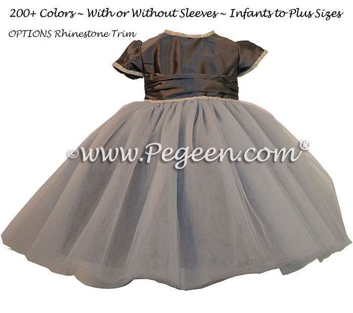 Medium gray silk flower girl dresses with Rhinestone Trim at the Waist