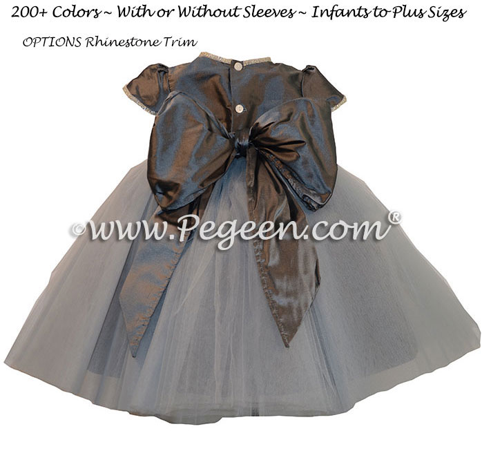 Medium gray silk flower girl dresses with Rhinestone Trim at the Waist