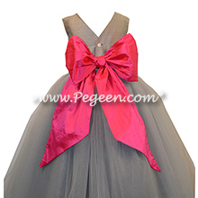 Morning Gray and Shock Pink Silk Flower Girl Dresses