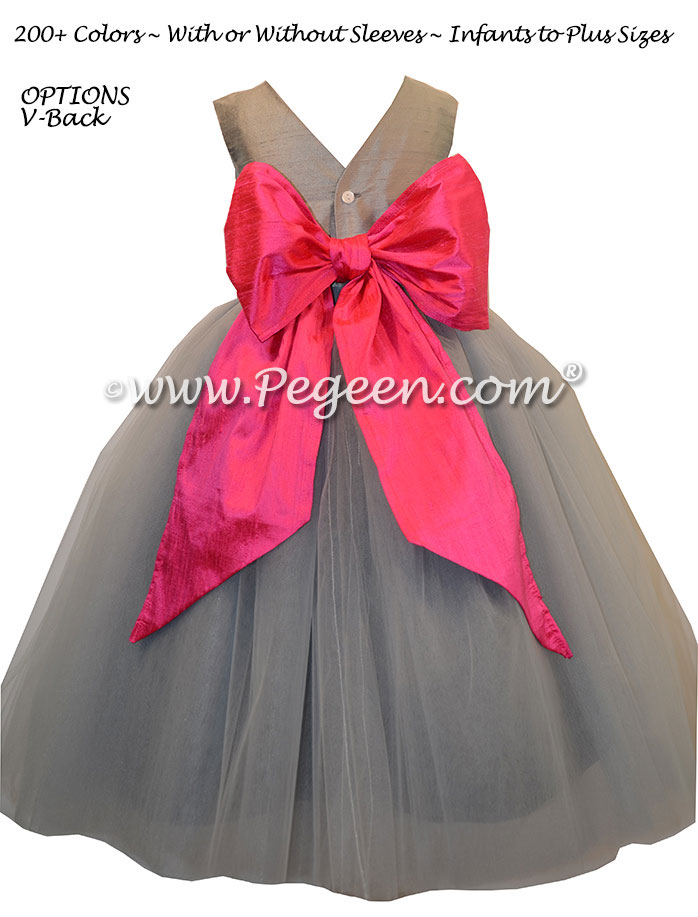 Silk Flower Girl Dresses Morning Gray and Shock Pink | Pegeen