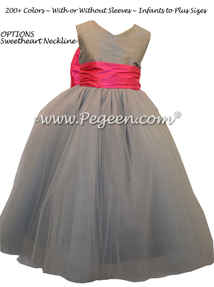 Silk Flower Girl Dresses Morning Gray and Shock Pink | Pegeen