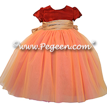 Mountain Fall (copper) and spun gold silk and copper tulle flower girl dresses