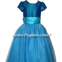402 Peacock Jr Bridesmaids Tulle Dress-Peacock and Turquoise Tulle Flower Girl Dress with 1/4 cap sleeves