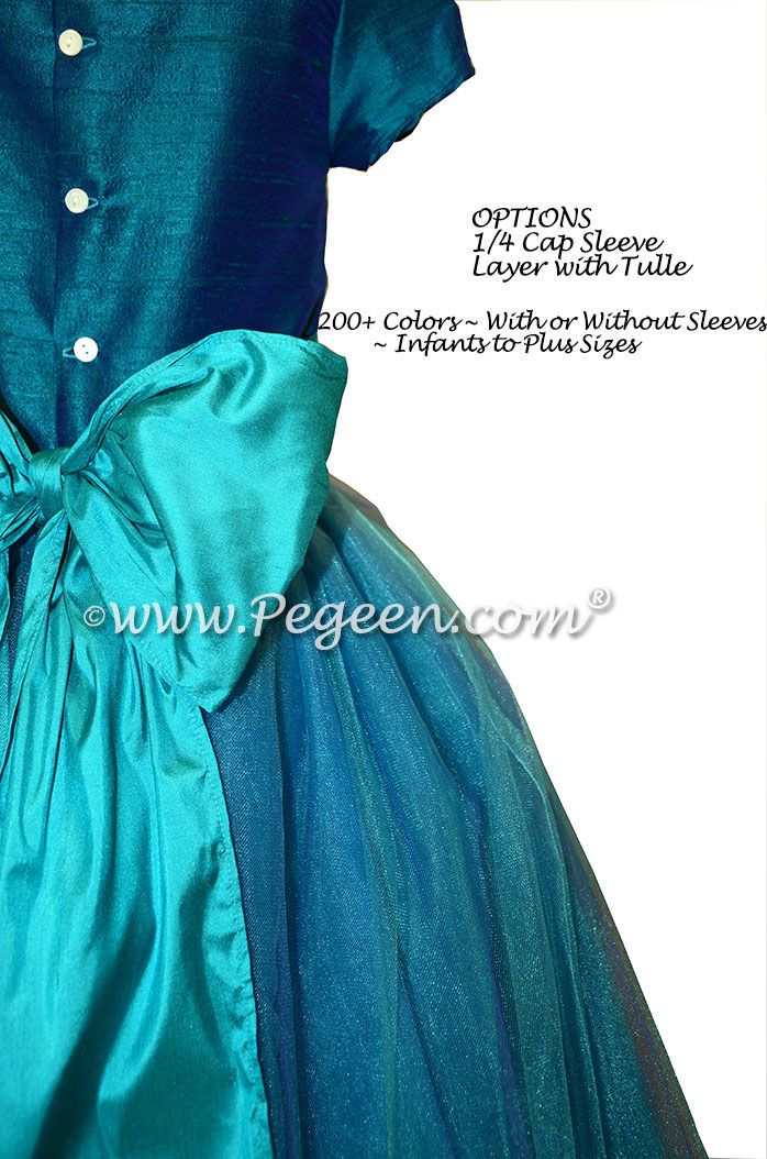 Peacock and Turquoise Tulle Flower Girl Dress with 1/4 cap sleeves