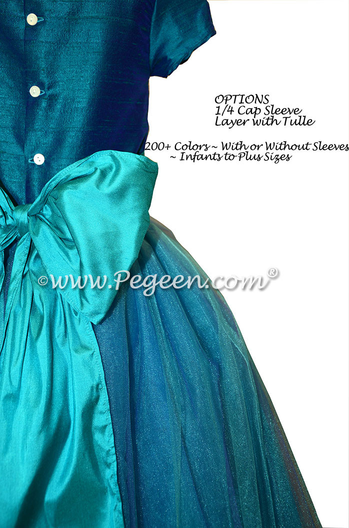 Peacock and Turquoise Tulle Flower Girl Dress with 3/4 sleeves