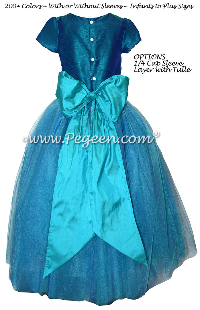 Peacock and Turquoise Tulle Flower Girl Dress with 1/4 cap sleeves