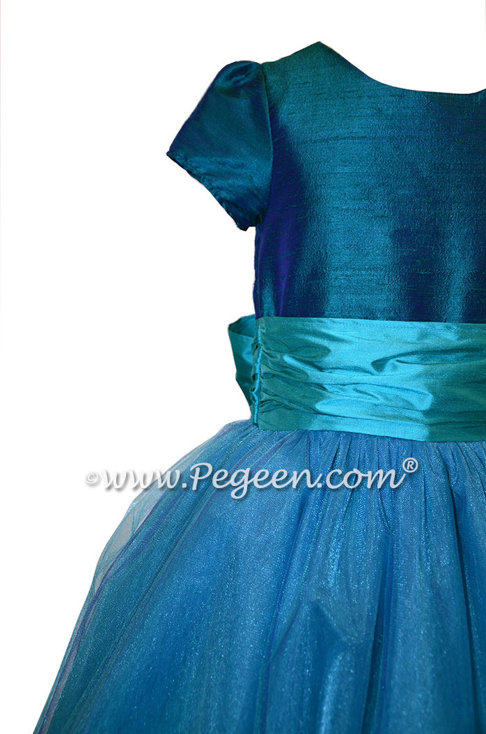 Peacock and Turquoise Tulle Flower Girl Dress with 1/4 cap sleeves