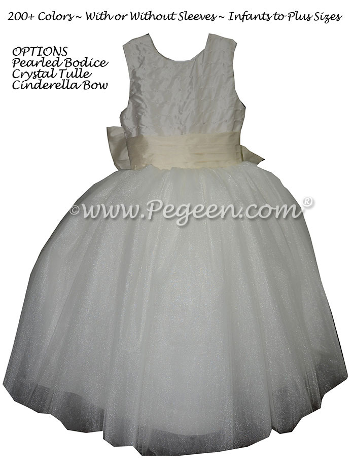 flower girl dress with Pearled Bodice, White Silk and Crystal Tulle | Pegeen