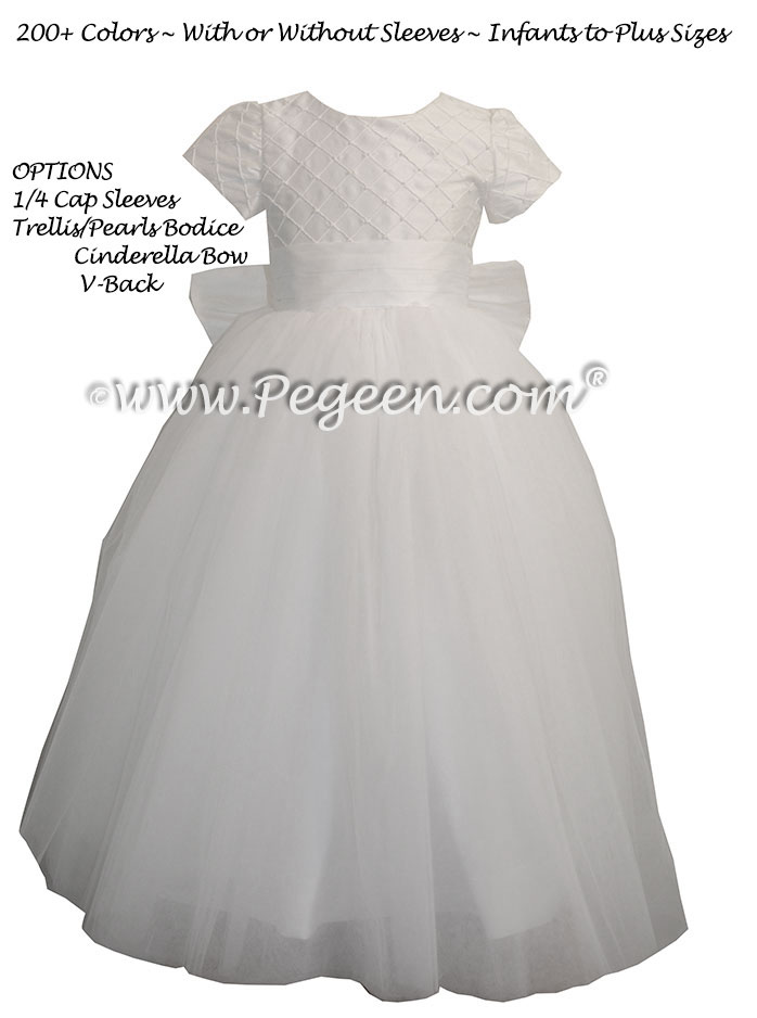 Antique White Trellis with Pearls with Tulle Skirt flower girl dresses