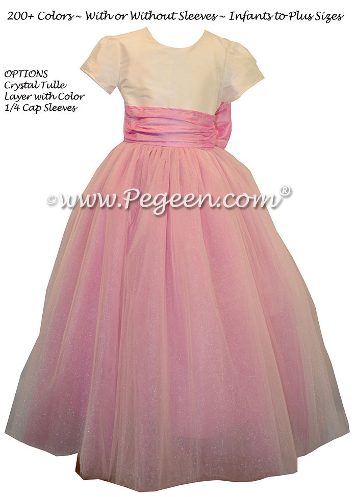 Flower girl dresses with tulle in Rose pink and ivory silk | Pegeen