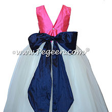 White tulle, navy and hot pink tulle silk flower girl dresses Style 402