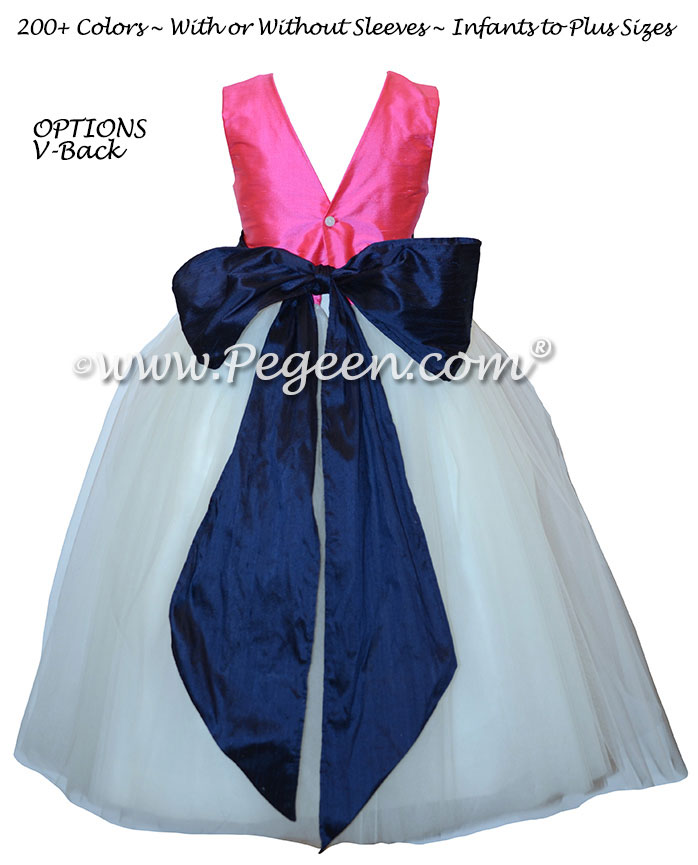 White tulle, navy and hot pink tulle silk flower girl dresses Style 402 | Pegeen
