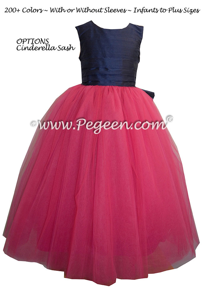 Flower Girl Dress in Shock Pink, Navy Blue Silk and Tulle | Pegeen