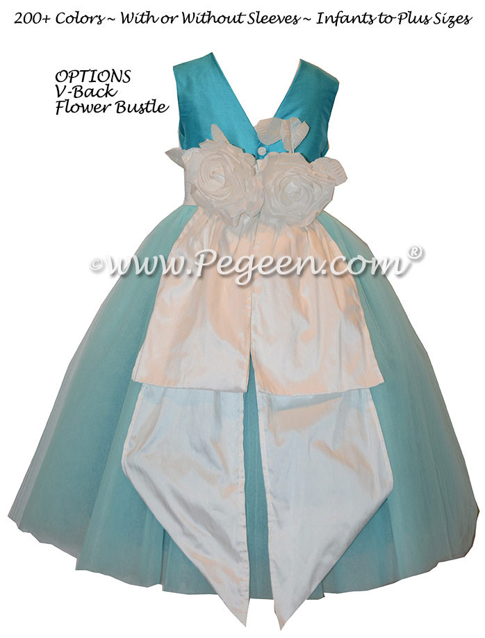 Antique White and Bahama Breeze Silk and Tulle Flower Girl Dress with Bustle and Flowers