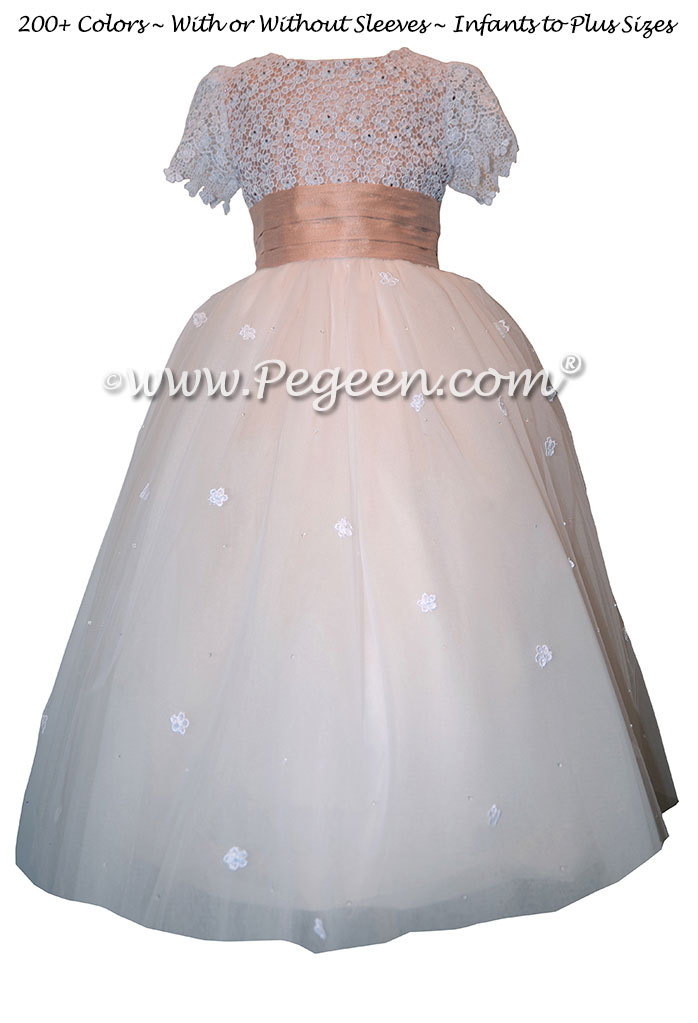 Flower Girl Dress Style 414 - Burnout Lace, Tulle and Peach Silk