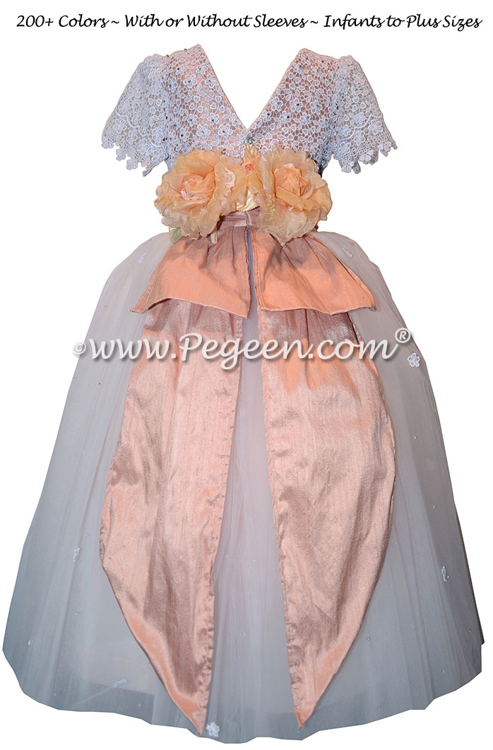 Flower Girl Dress Style 414 - Burnout Lace, Tulle and Peach Silk